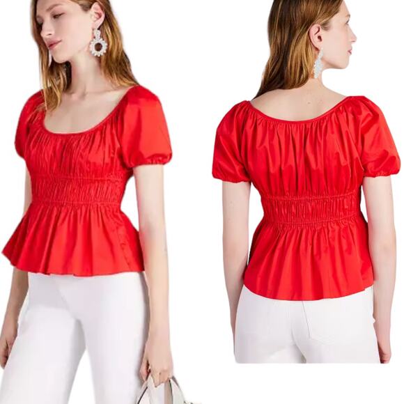 kate spade Tops - Kate Spade Poplin Riviera Red Peplum Stretch Puffy Sleeves Blouse Top Sz Large